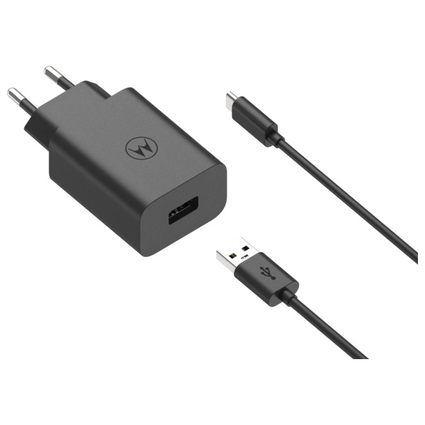 Sieninis įkroviklis Motorola TurboPower 33W USB-A su USB-A į USB-C laidu 1m, juodos spalvos aprašymas - Prekės nuotrauka
