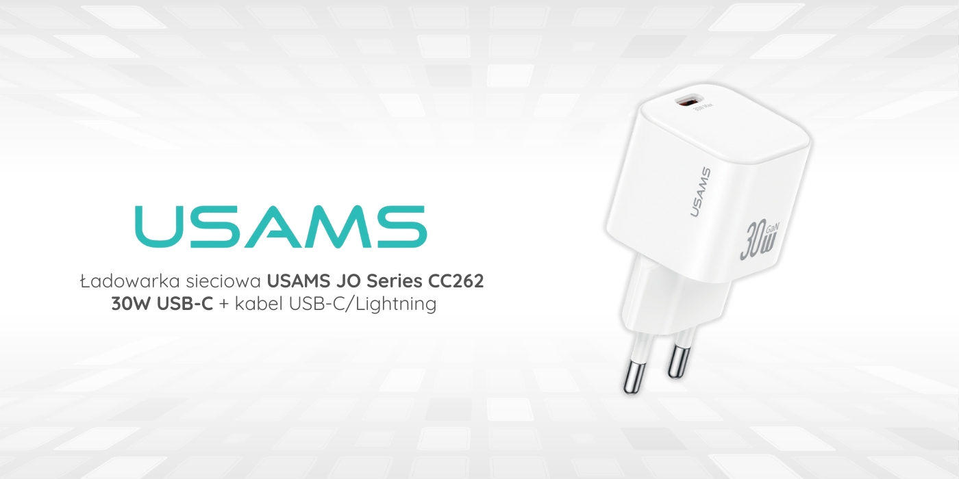 Sieninis įkroviklis USAMS JO Series CC262 30W USB-C + 1m USB-C/Lightning laidas baltas aprašymas - Prekės nuotrauka