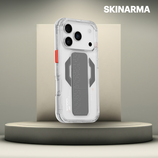 Skinarma Haxa dėklas, skirtas iPhone 17 Pro, su magnetiniu įkrovimu ir laikikliu-stovu, skaidrus aprašymas - Prekės nuotrauka