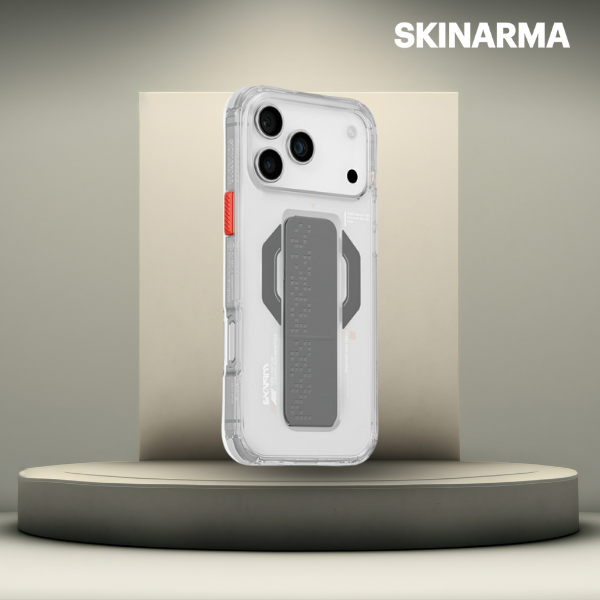 Skinarma Haxa dėklas, skirtas iPhone 17 Pro Max, su magnetiniu įkrovimu ir laikikliu-stovu, skaidrus aprašymas - Prekės nuotrauka