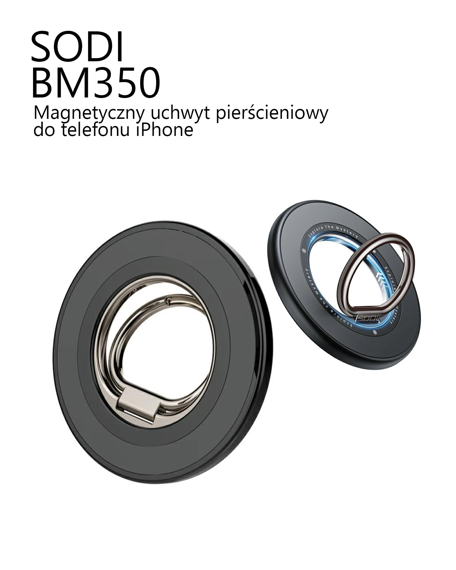 SODI dvipusis magnetinis žiedinis stovas BM-350 juodas MagSafe aprašymas - Prekės nuotrauka