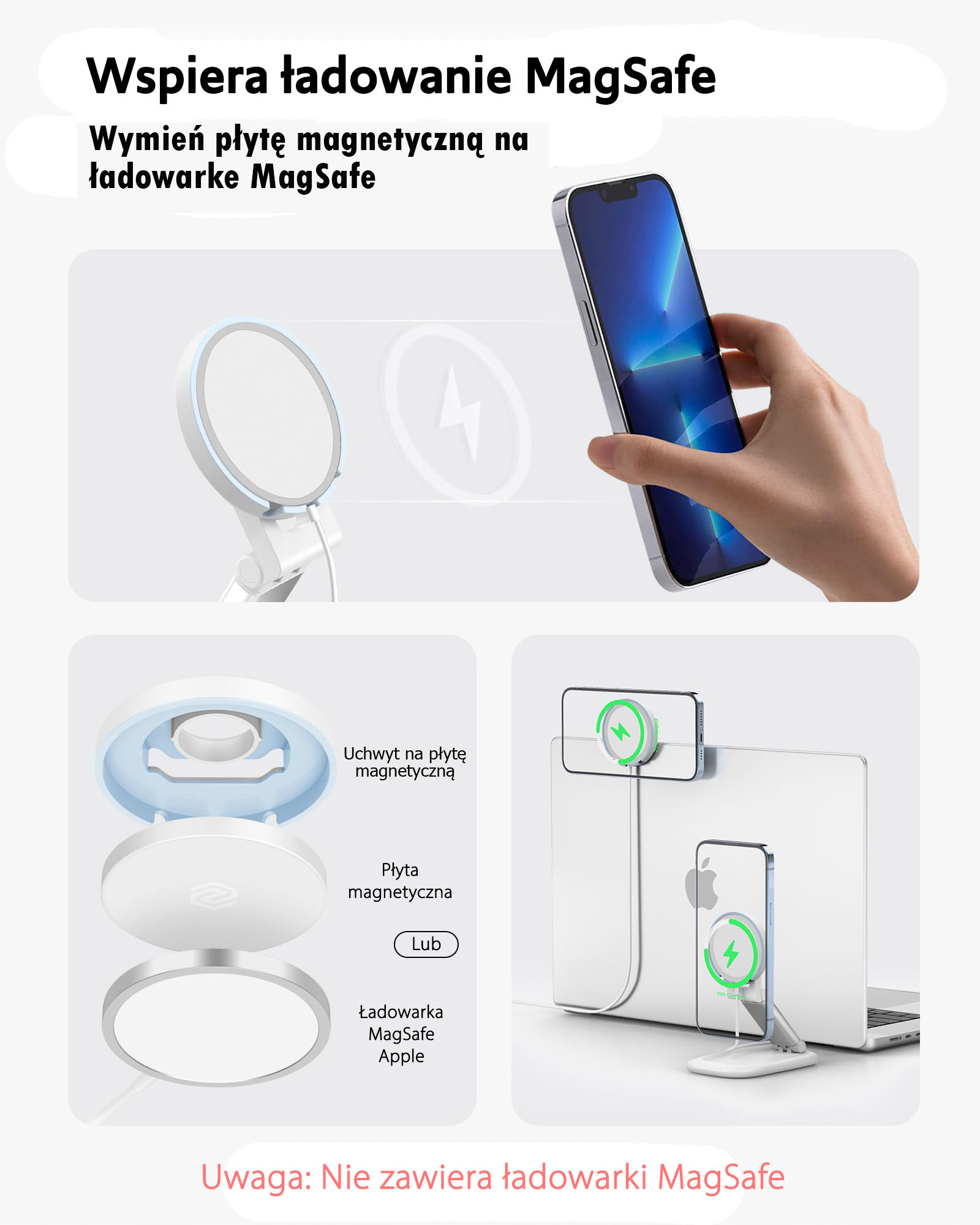 SODI magnetinis stovas BM-310 baltos spalvos MagSafe aprašymas - Prekės nuotrauka