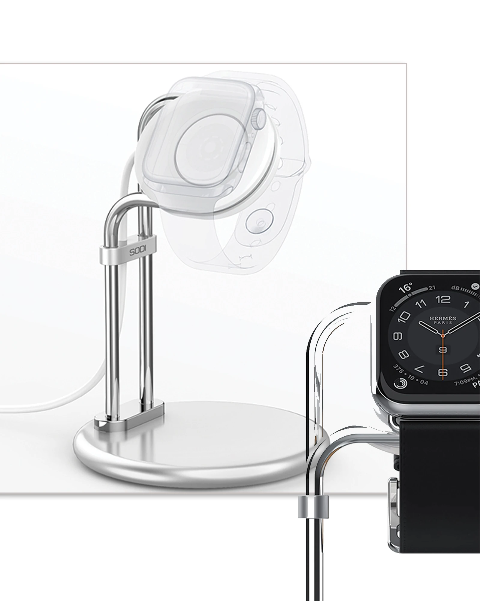 SODI stovas Apple Watch SAW-300 sidabro spalvos aprašymas - Prekės nuotrauka SODI stovas Apple Watch SAW-300 sidabro spalvos aprašymas - Prekės nuotrauka