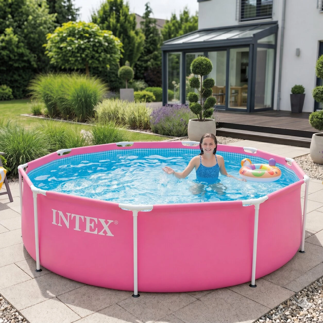 Sodo karkasinis baseinas apvalus vaikams 244×76 cm, rožinis, INTEX 28290ND aprašymas - Prekės nuotrauka