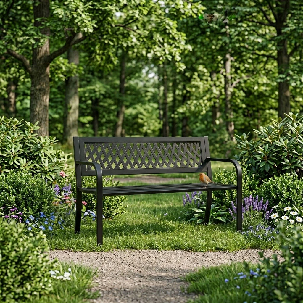 Sodo suoliukas su ažūriniu atlošu 120×50 cm, metalinis, parko stiliaus, juodas, MultiGarden aprašymas - Prekės nuotrauka