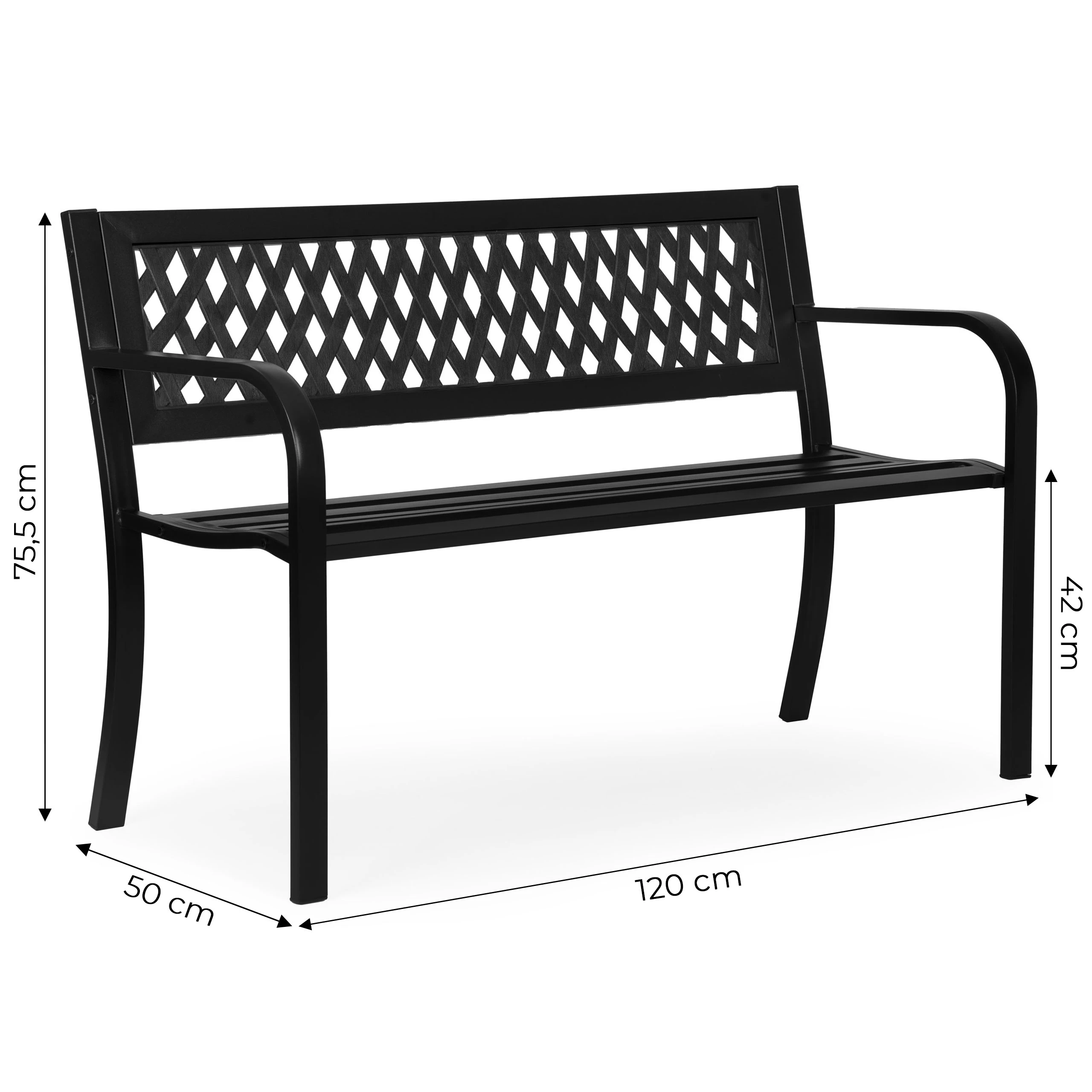 Sodo suoliukas su ažūriniu atlošu 120×50 cm, metalinis, parko stiliaus, juodas, MultiGarden aprašymas - Prekės nuotrauka