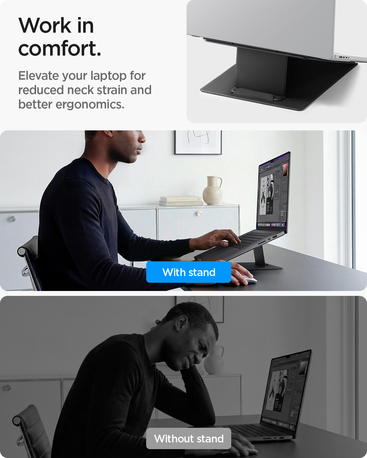 Spigen Slim Fold nešiojamojo kompiuterio stovas ir reguliuojamo aukščio stalas LD201-S10, juodas aprašymas - Prekės nuotrauka