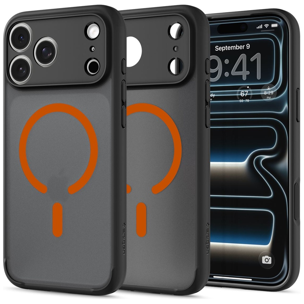 Spigen Ultra Hybrid Mag MagSafe dėklas, skirtas iPhone 18 Pro Max / 17 Pro Max, juodas-oranžinis aprašymas - Prekės nuotrauka