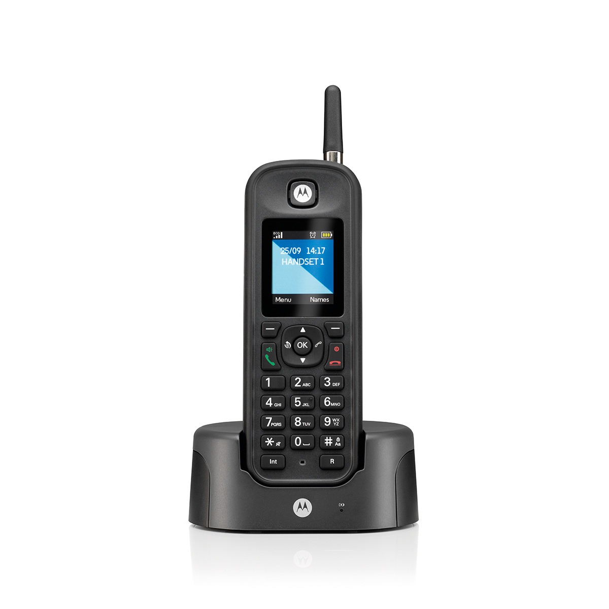 Stacionarus telefonas Motorola O201 su tolimojo ryšio antena, juodas aprašymas - Prekės nuotrauka