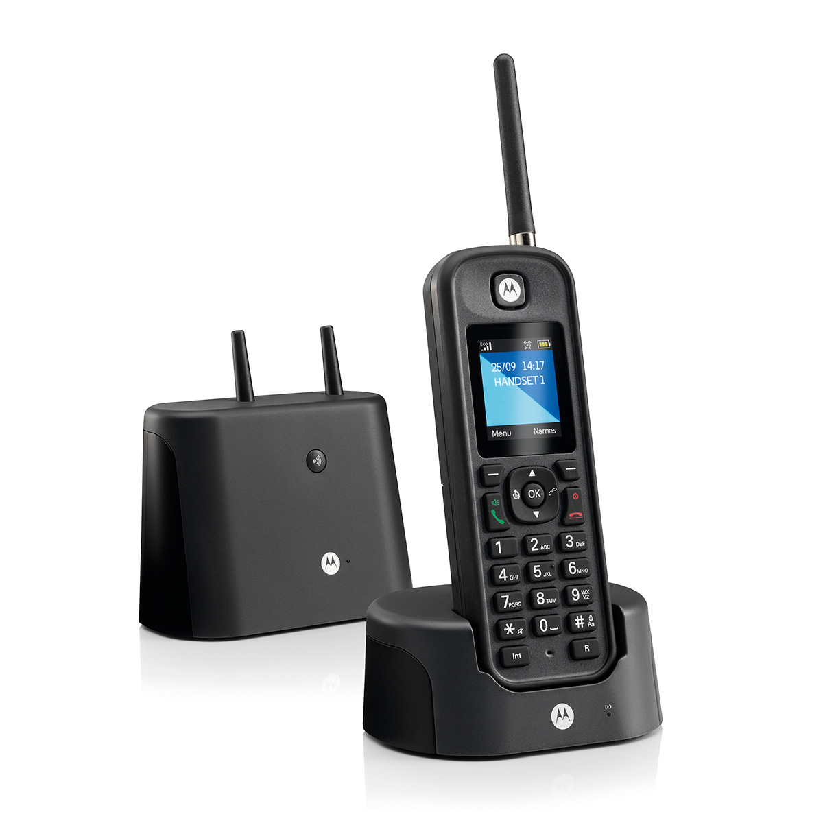 Stacionarus telefonas Motorola O201 su tolimojo ryšio antena, juodas aprašymas - Prekės nuotrauka