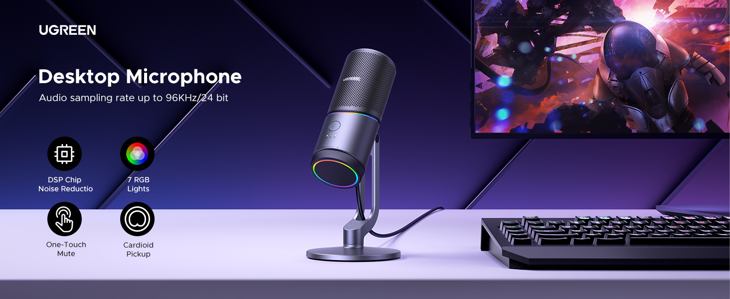 Ugreen Stalinis USB-C mikrofonas 24bit/96kHz su RGB apšvietimu aprašymas - Prekės nuotrauka