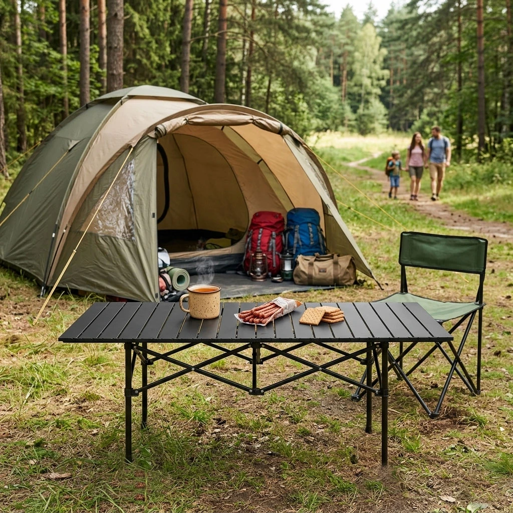 Sulankstomas kempingo stalas 120×55 cm su nešiojimo krepšiu, juodas, MultiGarden aprašymas - Prekės nuotrauka