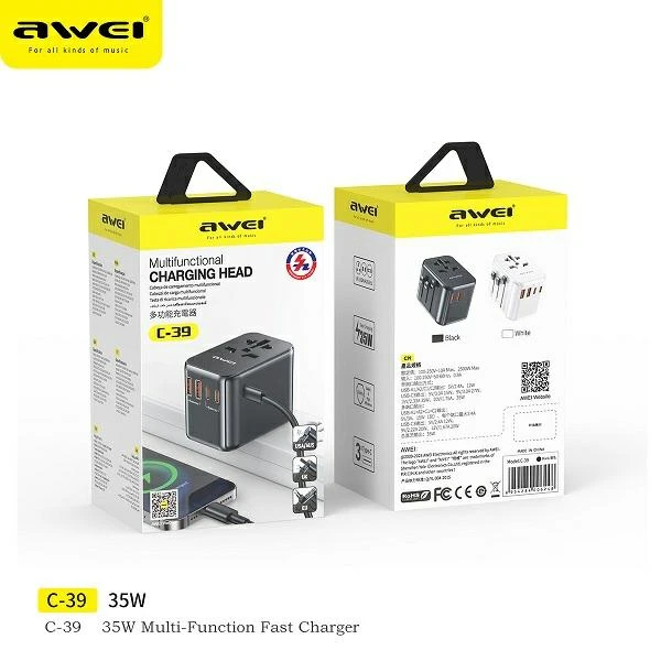 Tinklo įkroviklis 35W 4in1 2xUSB+3xUSB-C AWEI C-39 US/AU/EU/UK Univesal Travel GaN Charger juodos spalvos aprašymas - Prekės nuotrauka