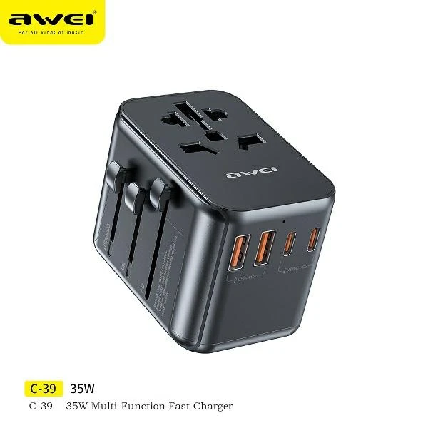 Tinklo įkroviklis 35W 4in1 2xUSB+3xUSB-C AWEI C-39 US/AU/EU/UK Univesal Travel GaN Charger juodos spalvos aprašymas - Prekės nuotrauka