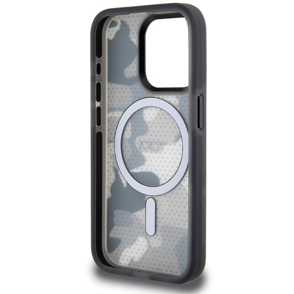 Tumi TUHMP15LTCAMK iPhone 15 Pro 6.1″ juodos spalvos kietas dėklas su „Frosted Camo“ raštu ir MagSafe aprašymas - Prekės nuotrauka