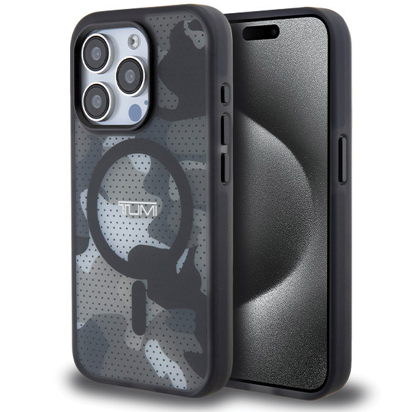 Tumi TUHMP15LTCAMK iPhone 15 Pro 6.1″ juodos spalvos kietas dėklas su „Frosted Camo“ raštu ir MagSafe aprašymas - Prekės nuotrauka
