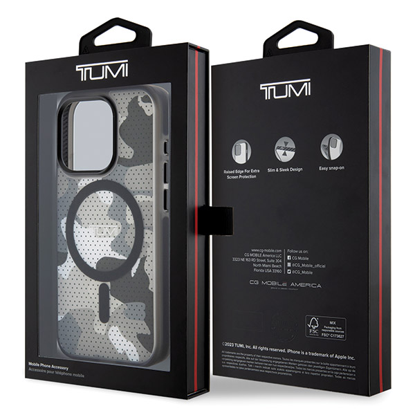 Tumi TUHMP15LTCAMK iPhone 15 Pro 6.1″ juodos spalvos kietas dėklas su „Frosted Camo“ raštu ir MagSafe aprašymas - Prekės nuotrauka