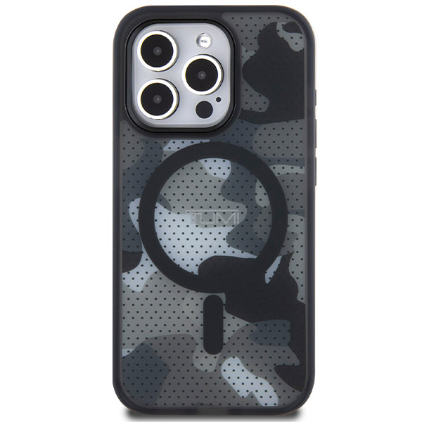 Tumi TUHMP15LTCAMK iPhone 15 Pro 6.1″ juodos spalvos kietas dėklas su „Frosted Camo“ raštu ir MagSafe aprašymas - Prekės nuotrauka