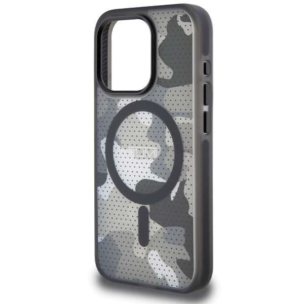 Tumi TUHMP15LTCAMK iPhone 15 Pro 6.1″ juodos spalvos kietas dėklas su „Frosted Camo“ raštu ir MagSafe aprašymas - Prekės nuotrauka