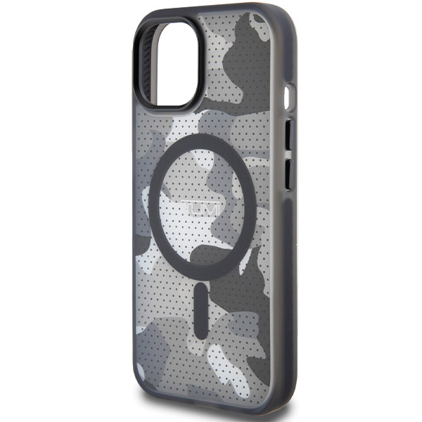 Tumi TUHMP15STCAMK iPhone 15 / 14 / 13 6.1″ juodos spalvos kietas dėklas su „Frosted Camo“ raštu ir MagSafe aprašymas - Prekės nuotrauka