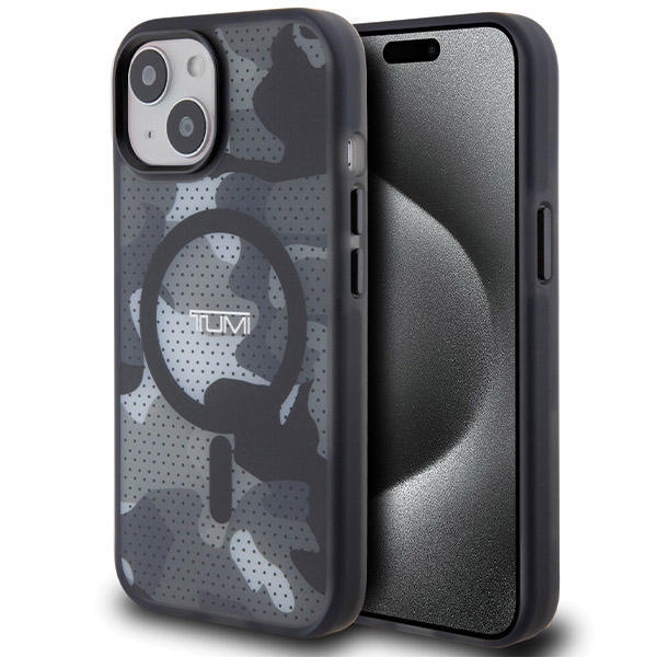 Tumi TUHMP15STCAMK iPhone 15 / 14 / 13 6.1″ juodos spalvos kietas dėklas su „Frosted Camo“ raštu ir MagSafe aprašymas - Prekės nuotrauka