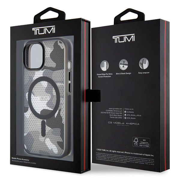 Tumi TUHMP15STCAMK iPhone 15 / 14 / 13 6.1″ juodos spalvos kietas dėklas su „Frosted Camo“ raštu ir MagSafe aprašymas - Prekės nuotrauka