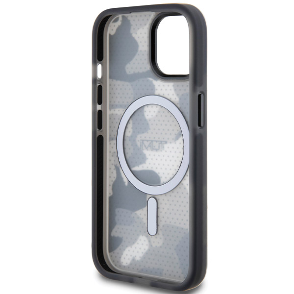 Tumi TUHMP15STCAMK iPhone 15 / 14 / 13 6.1″ juodos spalvos kietas dėklas su „Frosted Camo“ raštu ir MagSafe aprašymas - Prekės nuotrauka