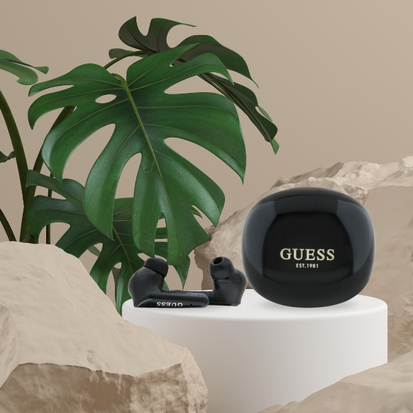 TWS ausinės Guess Flat Classic Logo Electroplated juodos spalvos aprašymas - Prekės nuotrauka