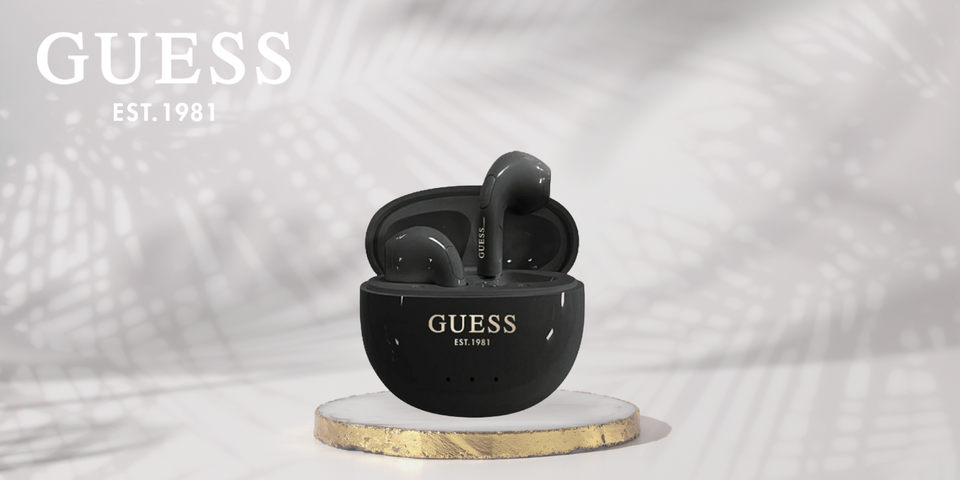 TWS ausinės Guess Glossy Effect Egg Shape Printed Classic Logo juodos spalvos aprašymas - Prekės nuotrauka