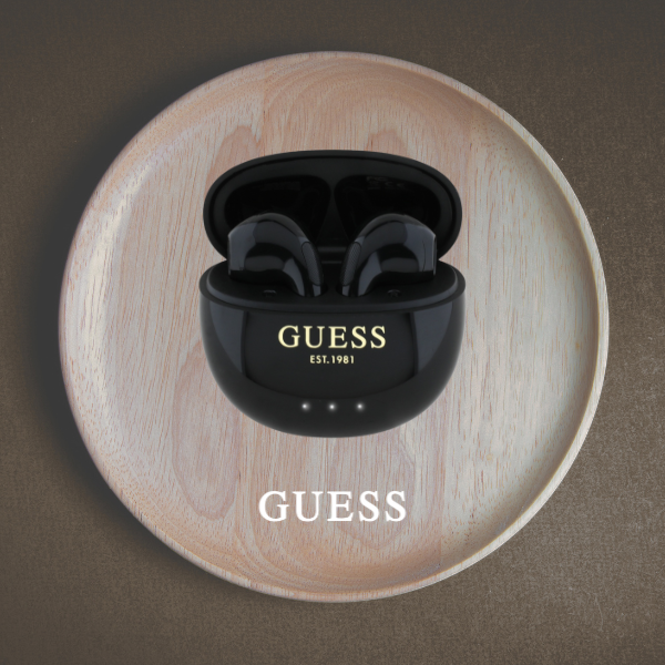TWS ausinės Guess Glossy Effect Egg Shape Printed Classic Logo juodos spalvos aprašymas - Prekės nuotrauka