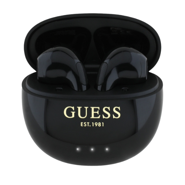 TWS ausinės Guess Glossy Effect Egg Shape Printed Classic Logo juodos spalvos aprašymas - Prekės nuotrauka