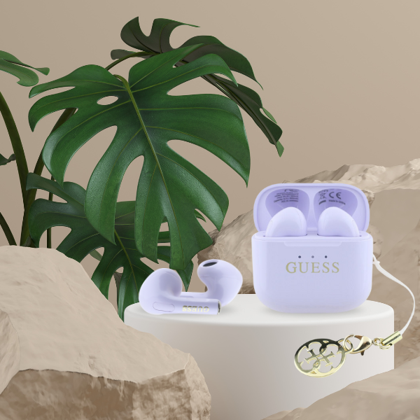 TWS ausinės Guess Glossy Effect Printed Classic Logo & Charm lavender aprašymas - Prekės nuotrauka