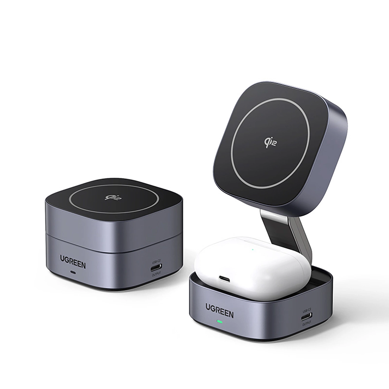 Ugreen W702 3in1 indukcinis įkroviklis su MagSafe / Qi2 ir USB-C jungtimi telefonui / ausinėms – juodos spalvos aprašymas - Prekės nuotrauka