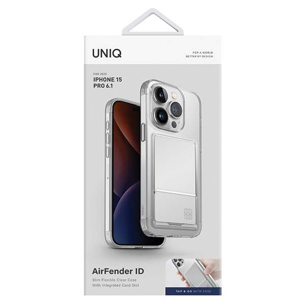 UNIQ dėklas Air Fender ID iPhone 15 Pro 6.1″ kūno spalvos skaidrus su kortelių dėklu aprašymas - Prekės nuotrauka