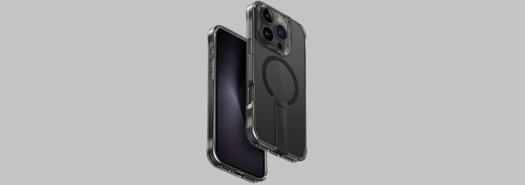 UNIQ dėklas Eleva su Vertica stovu iPhone 16 Pro 6.3″ juodos spalvos / carbon juodos spalvos aprašymas - Prekės nuotrauka