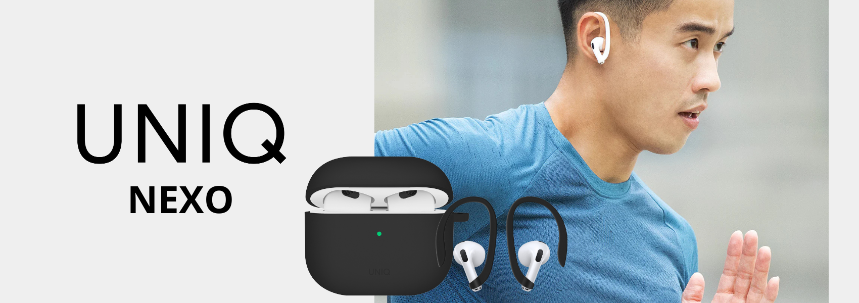 UNIQ dėklas Nexo AirPods 4 + ausų kabliukai silikoninis juodos spalvos aprašymas - Prekės nuotrauka