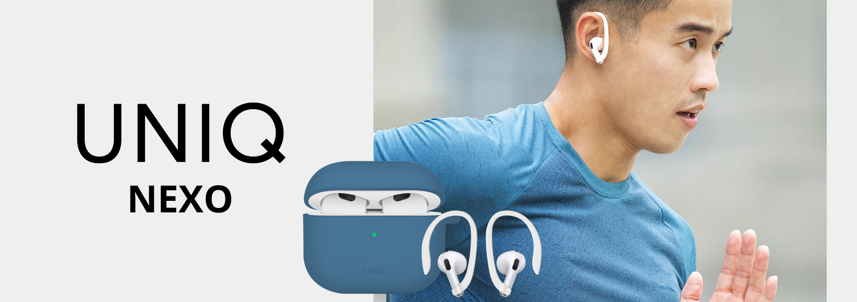 UNIQ dėklas Nexo AirPods 4 + ausų kabliukai silikoninis pacific mėlynas aprašymas - Prekės nuotrauka