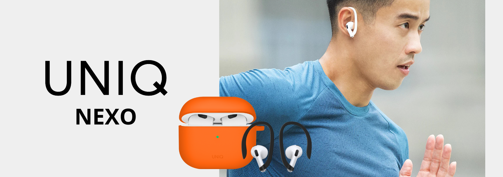 UNIQ dėklas Nexo AirPods 4 + Ear Hooks silikoninis, volt oranžinės spalvos aprašymas - Prekės nuotrauka