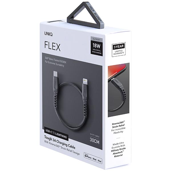 UNIQ Kabelis Flex USB-C-Lightning 18Wnylonowy 30cm pilkos spalvos aprašymas - Prekės nuotrauka UNIQ Kabelis Flex USB-C-Lightning 18Wnylonowy 30cm pilkos spalvos aprašymas - Prekės nuotrauka