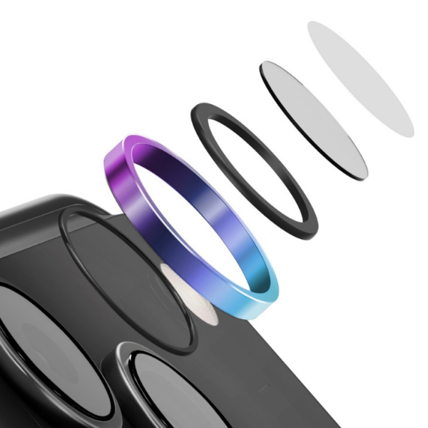 UNIQ Optix AluGuard (DX2) fotoaparato objektyvo apsauga, skirta iPhone 18 Pro / iPhone 18 Pro Max, vaivorykštinė aprašymas - Prekės nuotrauka