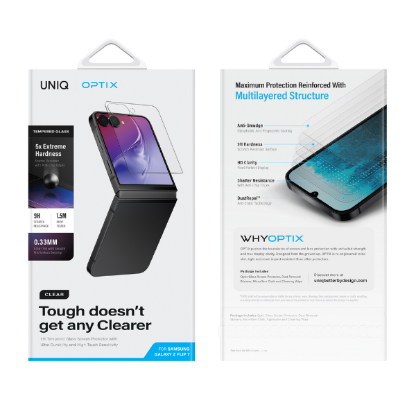 UNIQ Optix Clear Apsauginis stiklas skirtas Samsung Galaxy Z Flip7 aprašymas - Prekės nuotrauka