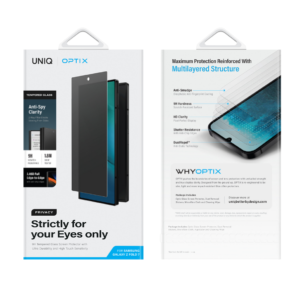 UNIQ Optix Privacy privatumą saugantis stiklas, skirtas Samsung Galaxy Z Fold7 aprašymas - Prekės nuotrauka