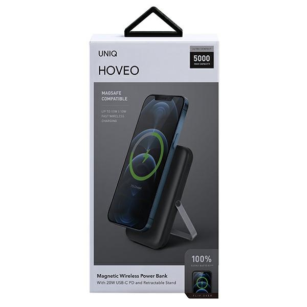 UNIQ Powerbank Hoveo 5000mAh USB-C 20W PD Fast charge Wireless Magnetic charcoal pilkos spalvos aprašymas - Prekės nuotrauka