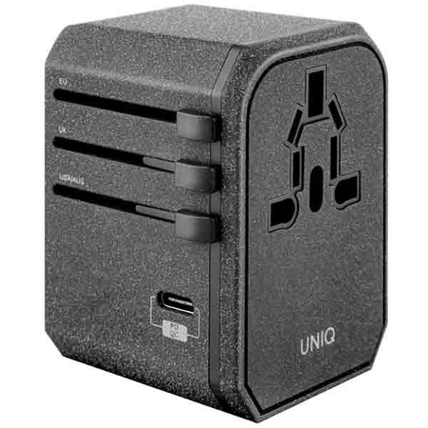 UNIQ Voyage pasaulinis įkroviklio adapteris 33W + 2xUSB + PD 18W + QC 3.0 tamsiai pilkas (LITHOS kolekcija) aprašymas - Prekės nuotrauka