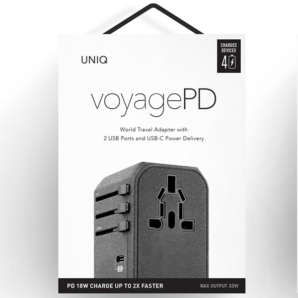 UNIQ Voyage pasaulinis įkroviklio adapteris 33W + 2xUSB + PD 18W + QC 3.0 tamsiai pilkas (LITHOS kolekcija) aprašymas - Prekės nuotrauka