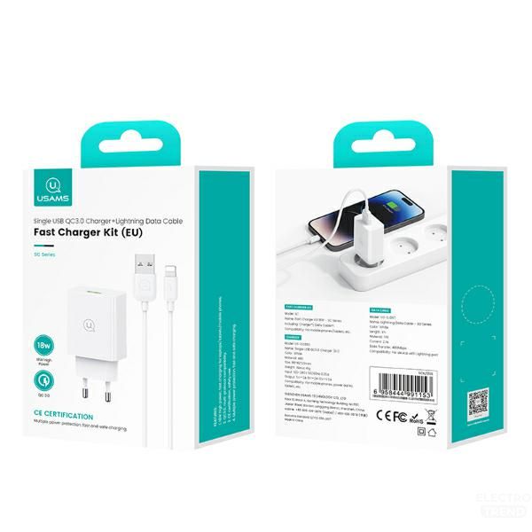 USAMS 18W Laidinis įkroviklis + Lightning/USB-A Fast Charging Cable baltos spalvos Series SC SCXLTZ03 aprašymas - Prekės nuotrauka