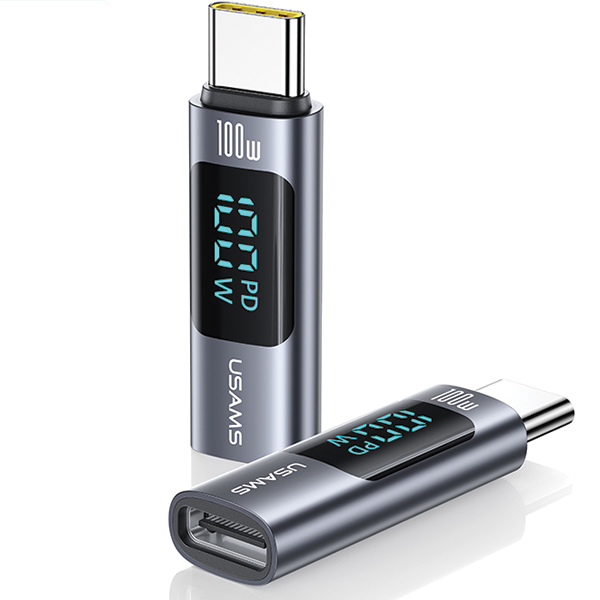 USAMS adapteris AU18 USB-C – USB-C su skaitmeniniu ekranu 100W plienas/aliuminis SJ682TC01 (US-SJ682) aprašymas - Prekės nuotrauka