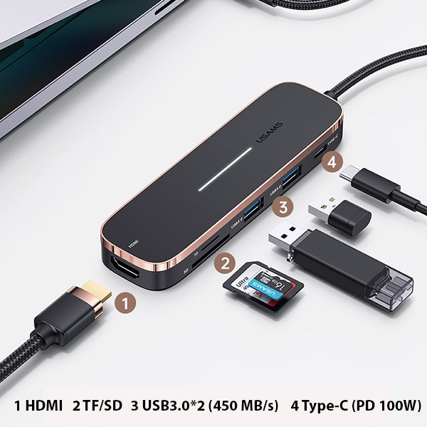 USAMS adapteris HUB 3xUSB + USB-C + HDMI juodas SJ578HUB01 (US-SJ578) aprašymas - Prekės nuotrauka