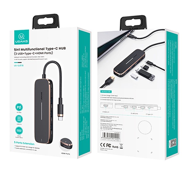 USAMS adapteris HUB 3xUSB + USB-C + HDMI juodas SJ578HUB01 (US-SJ578) aprašymas - Prekės nuotrauka