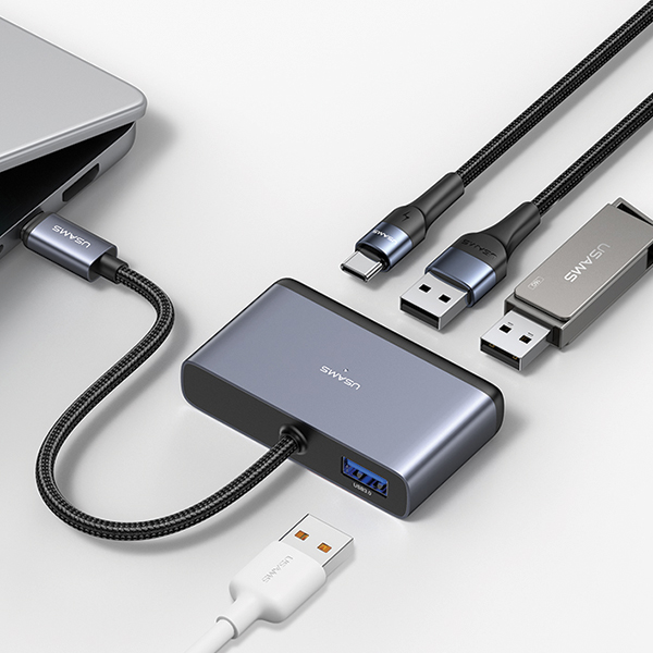 USAMS Adapteris HUB 4in1 2xUSB 2.0/USB 3.0/USB-C pilka/dark pilka SJ627HUB01 (US-SJ627) aprašymas - Prekės nuotrauka